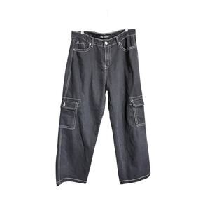 Y2K Blue Savvy Black Baggy Wide Leg Cargo Jeans Womens 16 White Stitch Gorpcore